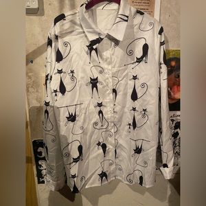 🎱Black white blouse 2xl shirt retro cat Kitty NEW vintage style